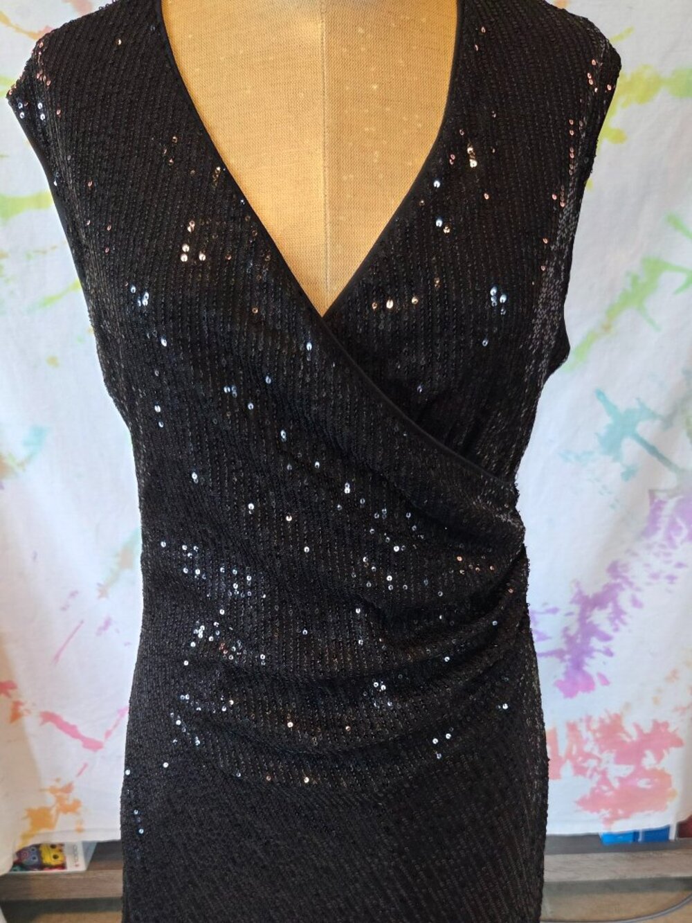 She&Sky Black Sequin Ruched Surplice Sheath Dress